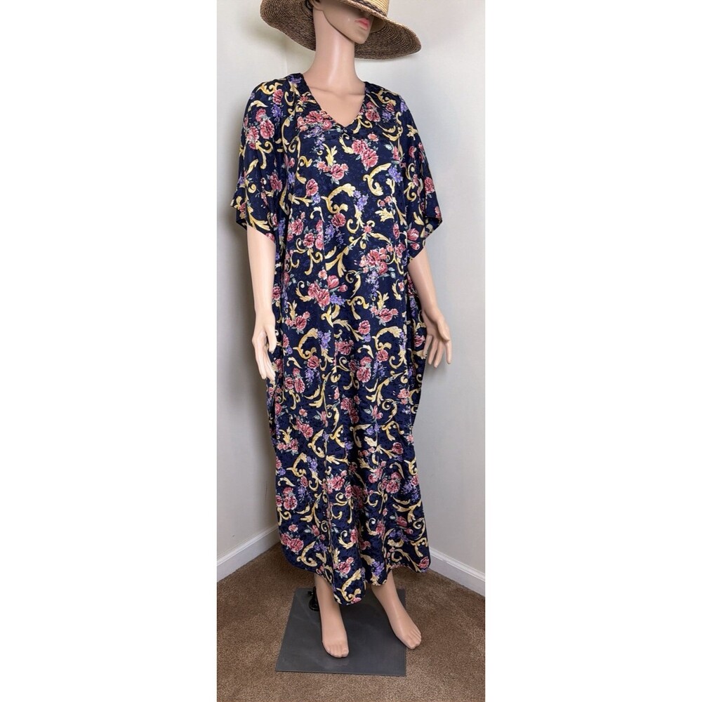 Vintage 90s Erika Taylor Intimates Caftan Dress S Floral Baroque Maxi Muumuu